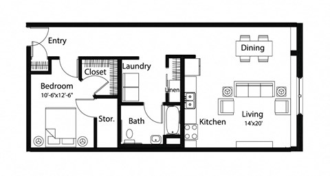 Floor plan for 1 bed, 1 bath, 657 sqft